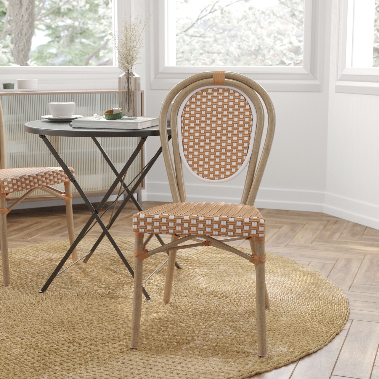 Merrick Lane Celia Stacking Thonet Bistro Style Chair, PE Rattan Seat, and Metal Frame for Indoor/Outdoor Use